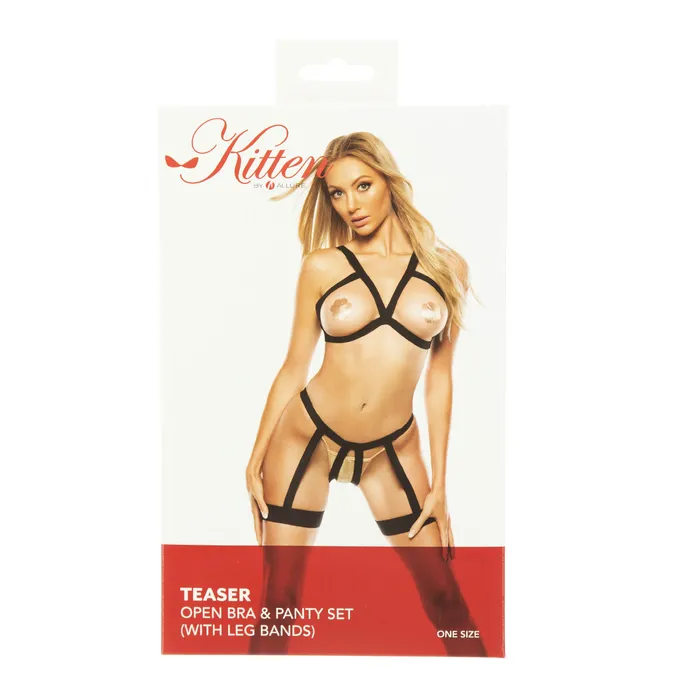 Allure Kitten by Allure Teaser Open Bra Panty Set with Leg Bands Black OS Female Sex Toys Allure Kitten by Allure Teaser Open Bra Panty Set with Leg Bands Black OS Female Sex Toys