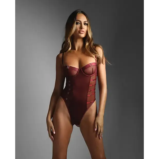 Fantasy Lingerie Vibrators Edge Crotchless Underwire Mesh Teddy w Strappy Open Back Wine