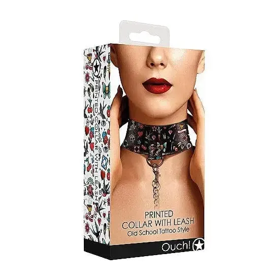 SHOTS AMERICA Ouch Collar with Leash Old School Tattoo Printed Design Couples SHOTS AMERICA Ouch Collar with Leash Old School Tattoo Printed Design Couples