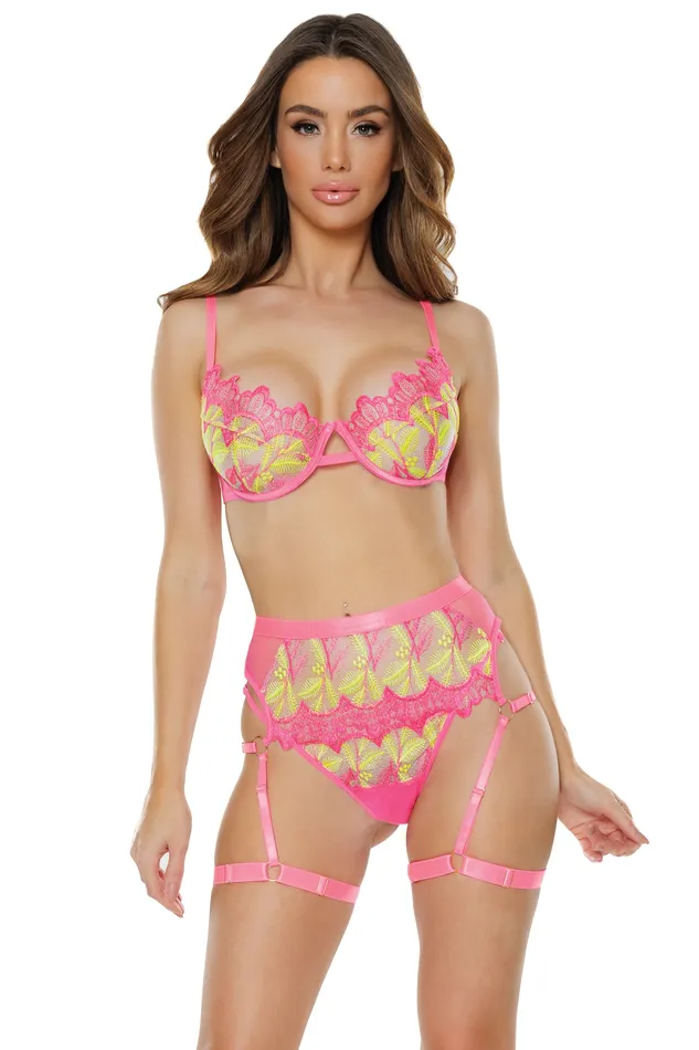 Coquette Vibrators Coquette 24114 Bra Garter Belt Thong PinkYellow