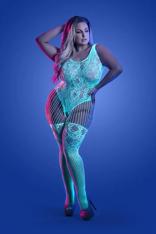 Vibrators Fantasy Lingerie Illuminate Crotchless Teddy Bodystocking Queen Whiteblue